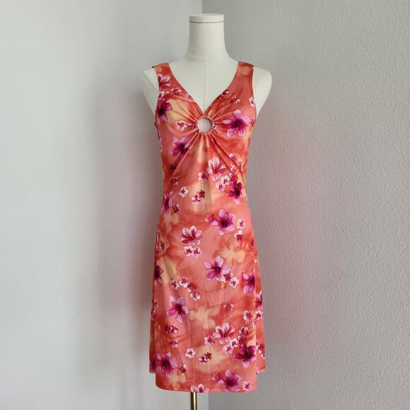 American Vintage Dresses & Skirts - Y2K Orange Pink Floral Ring Front Sleeveless Mini Dress Vintage Tropical XS